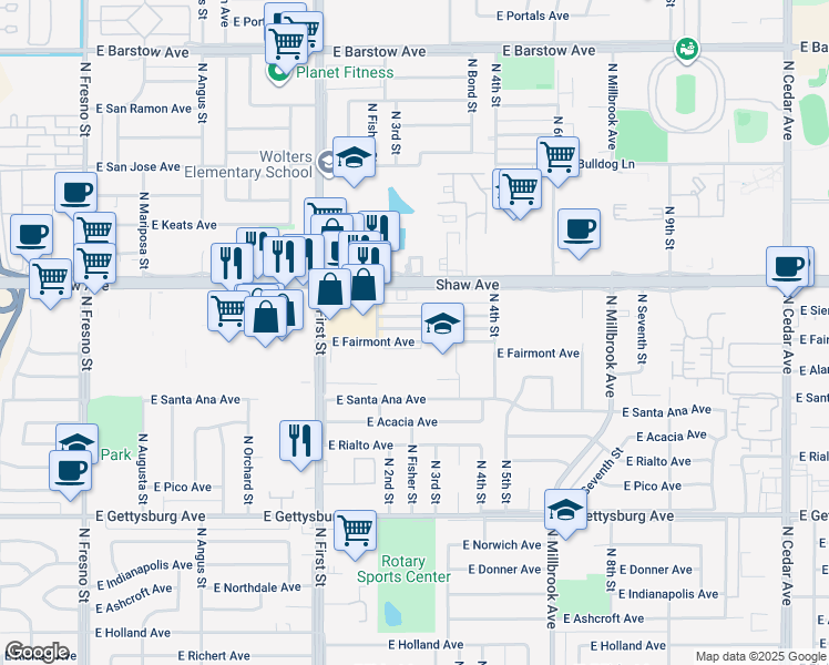 map of restaurants, bars, coffee shops, grocery stores, and more near 3327 East Fairmont Avenue in Fresno