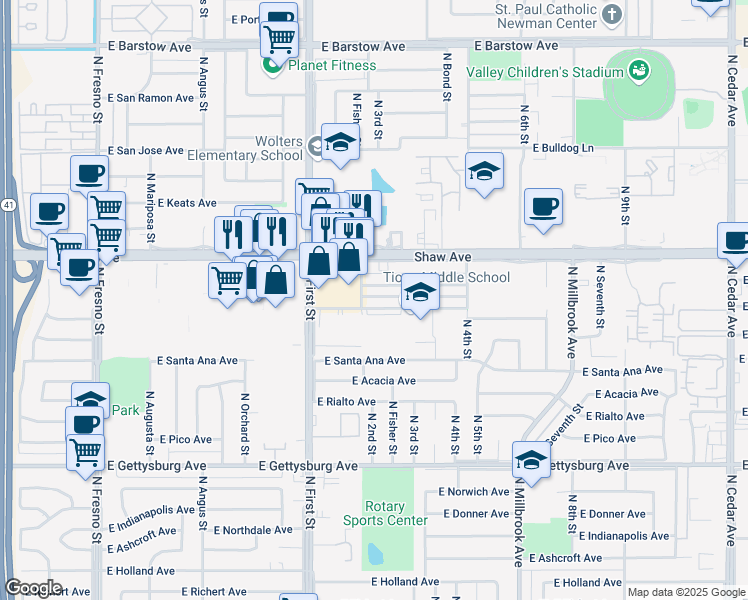 map of restaurants, bars, coffee shops, grocery stores, and more near 3327 East Fairmont Avenue in Fresno