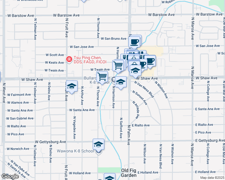 map of restaurants, bars, coffee shops, grocery stores, and more near 4915 North Harrison Avenue in Fresno