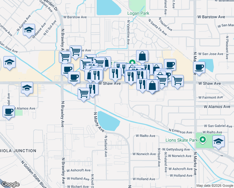 map of restaurants, bars, coffee shops, grocery stores, and more near 3425 West Shaw Avenue in Fresno