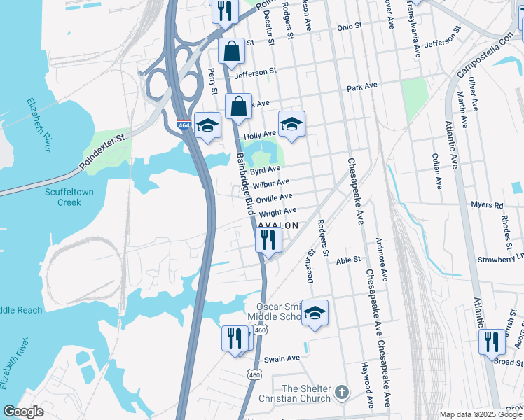 map of restaurants, bars, coffee shops, grocery stores, and more near 805 Wright Ave in Chesapeake