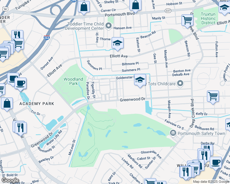 map of restaurants, bars, coffee shops, grocery stores, and more near 229 Foxglove Drive in Portsmouth