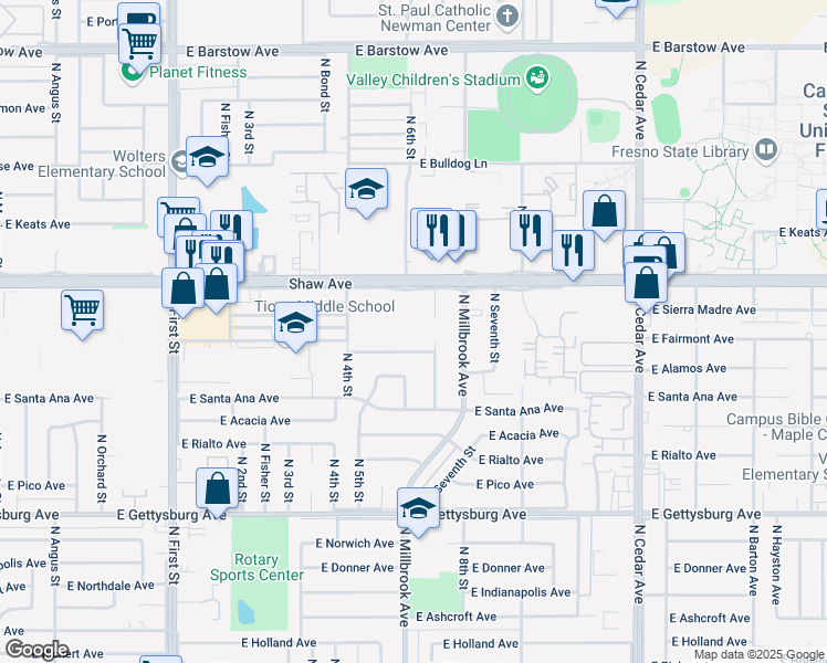 map of restaurants, bars, coffee shops, grocery stores, and more near 4949 North Gearhart Avenue in Fresno