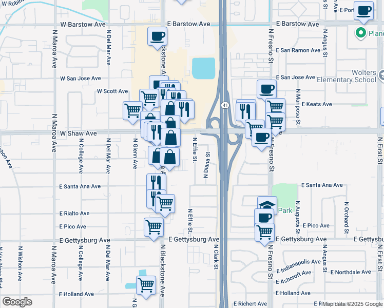 map of restaurants, bars, coffee shops, grocery stores, and more near 4915 North Effie Street in Fresno