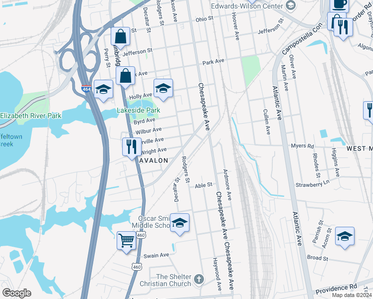 map of restaurants, bars, coffee shops, grocery stores, and more near 1735 Chesapeake Drive in Chesapeake