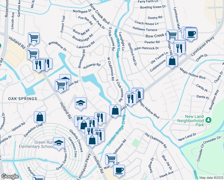 map of restaurants, bars, coffee shops, grocery stores, and more near 3121 Ashaway Road in Virginia Beach