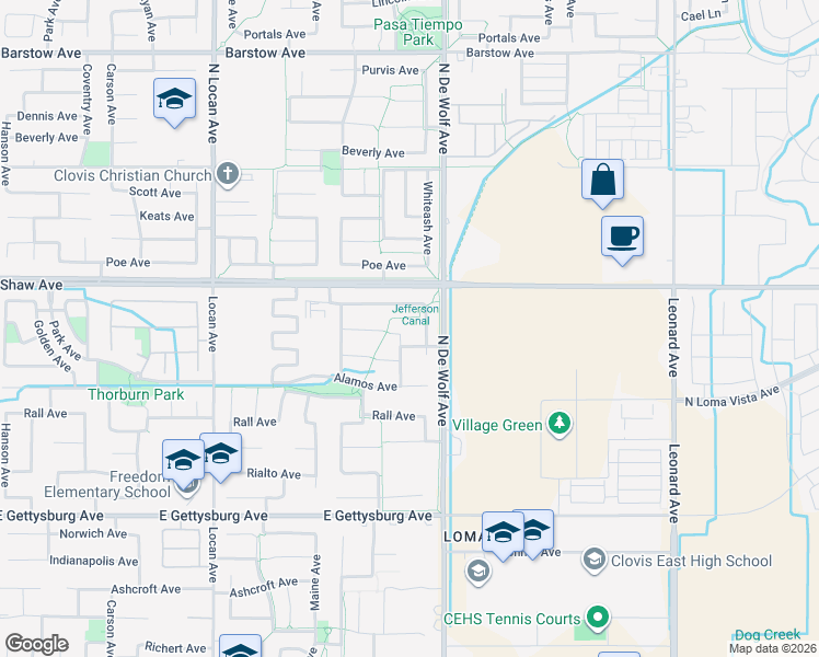 map of restaurants, bars, coffee shops, grocery stores, and more near 2117 Graybark Avenue in Clovis