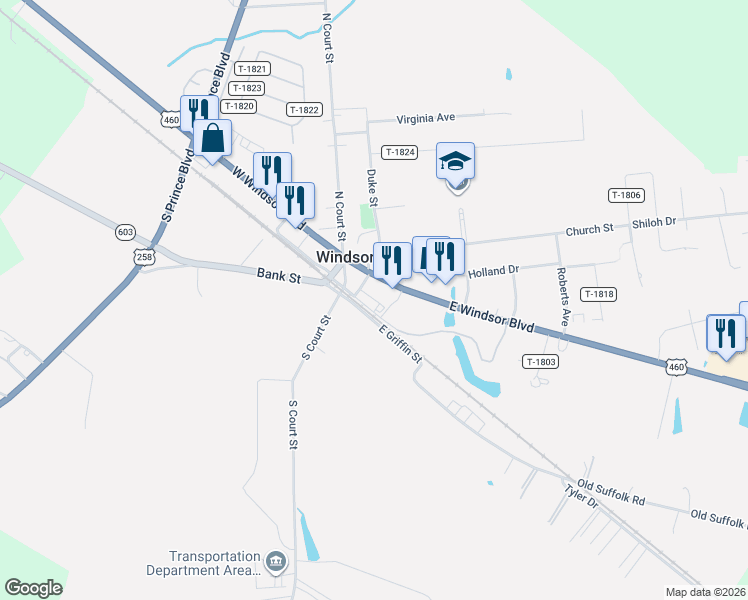 map of restaurants, bars, coffee shops, grocery stores, and more near 12B East North and West Street in Windsor