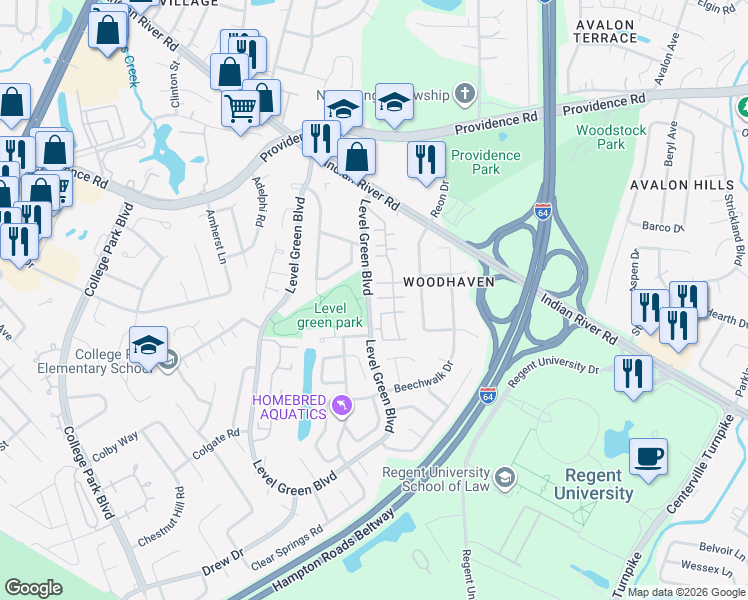 map of restaurants, bars, coffee shops, grocery stores, and more near 1179 Riviera Drive in Virginia Beach