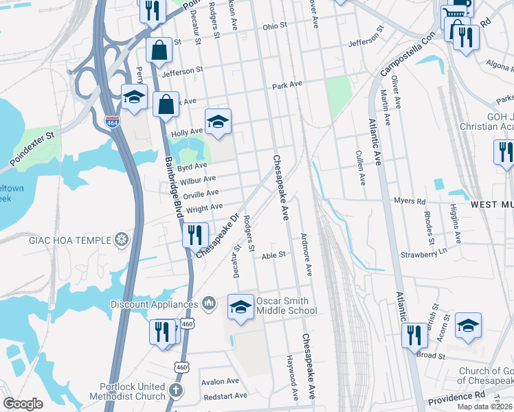 map of restaurants, bars, coffee shops, grocery stores, and more near 1712 Seaboard Ave in Chesapeake