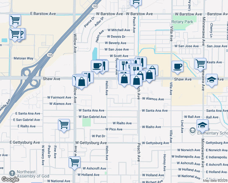 map of restaurants, bars, coffee shops, grocery stores, and more near 580 West Shaw Avenue in Clovis