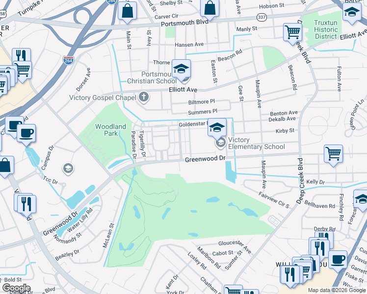 map of restaurants, bars, coffee shops, grocery stores, and more near 230 Foxglove Drive in Portsmouth