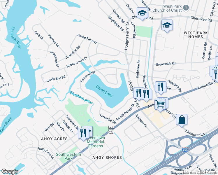 map of restaurants, bars, coffee shops, grocery stores, and more near 608 Chandler Harper Drive in Portsmouth