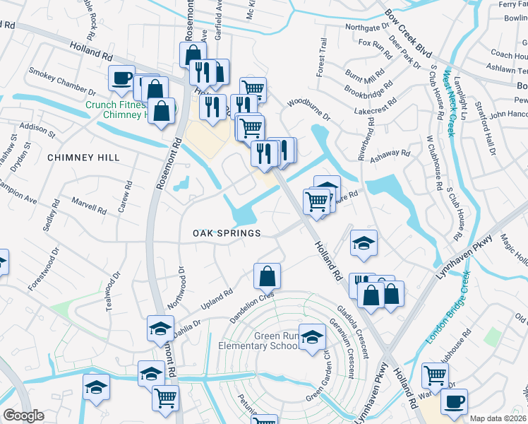 map of restaurants, bars, coffee shops, grocery stores, and more near 3725 Windridge Way in Virginia Beach