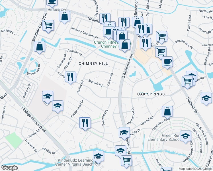 map of restaurants, bars, coffee shops, grocery stores, and more near 3560 Marvell Road in Virginia Beach