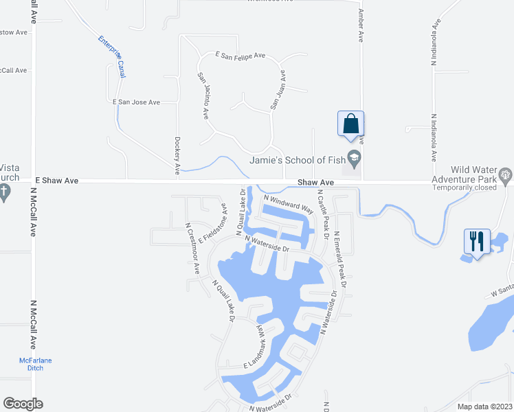 map of restaurants, bars, coffee shops, grocery stores, and more near 4863 North Shoreline Way in Clovis
