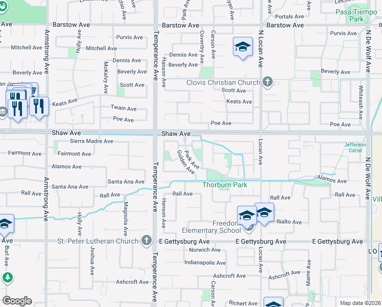 map of restaurants, bars, coffee shops, grocery stores, and more near 2166 Williams Avenue in Clovis