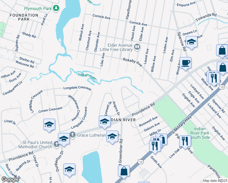 map of restaurants, bars, coffee shops, grocery stores, and more near 1012 Angora Court in Chesapeake