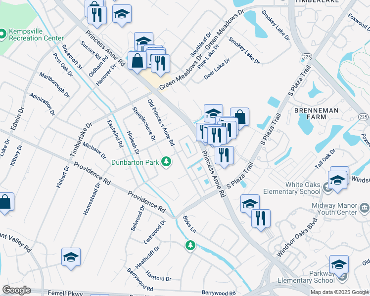 map of restaurants, bars, coffee shops, grocery stores, and more near 4512 Shallowford Circle in Virginia Beach