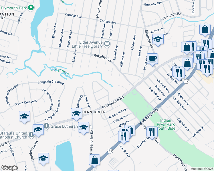 map of restaurants, bars, coffee shops, grocery stores, and more near 2433 Lindbergh Avenue in Chesapeake