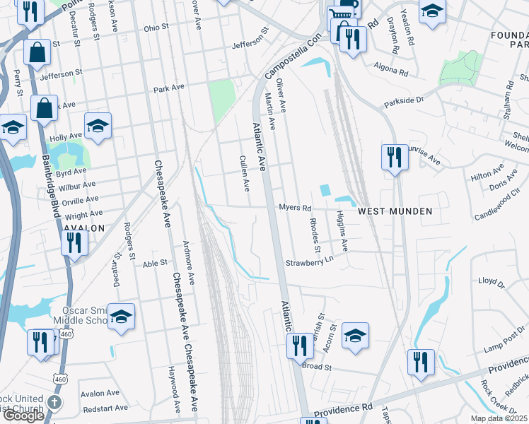 map of restaurants, bars, coffee shops, grocery stores, and more near 1603 Atlantic Avenue in Chesapeake