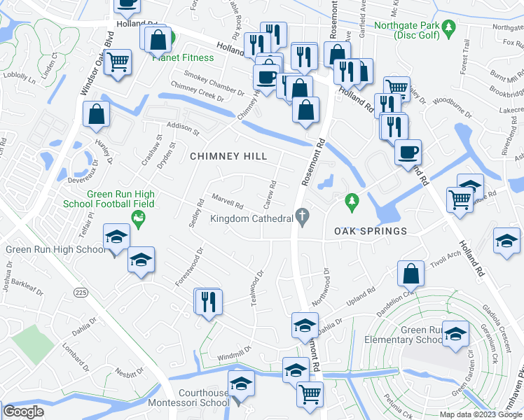 map of restaurants, bars, coffee shops, grocery stores, and more near 3560 Marvell Road in Virginia Beach