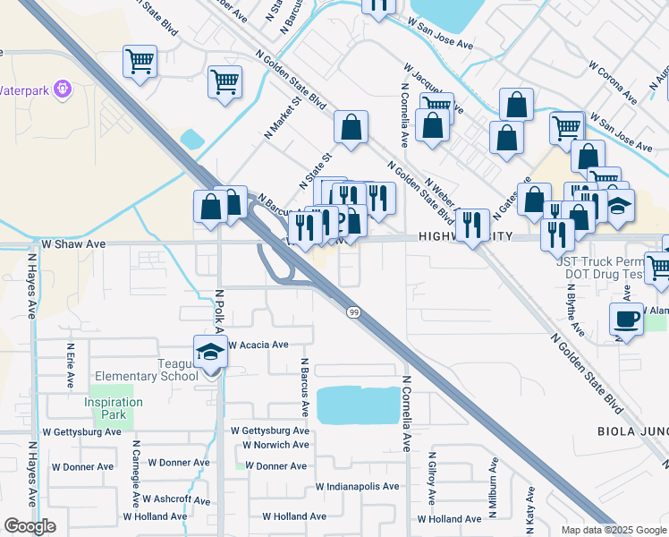 map of restaurants, bars, coffee shops, grocery stores, and more near 4939 North Dale Avenue in Fresno