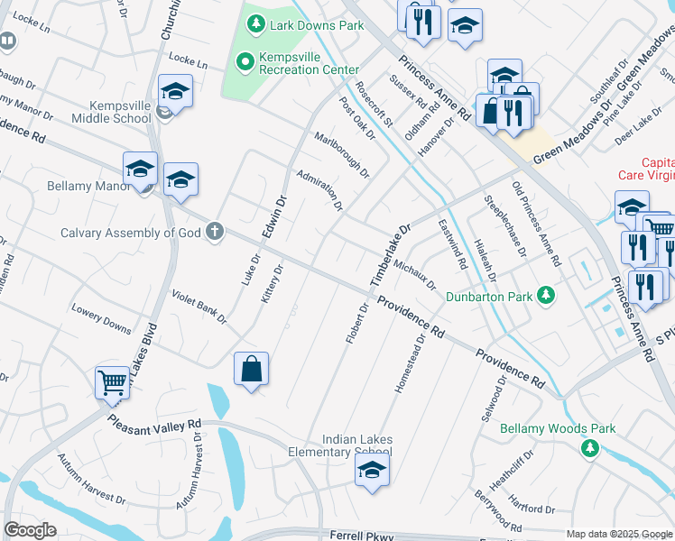 map of restaurants, bars, coffee shops, grocery stores, and more near 960 Michaux Court in Virginia Beach