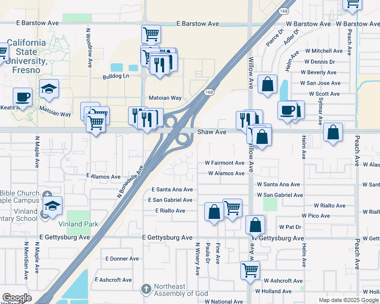 map of restaurants, bars, coffee shops, grocery stores, and more near 4929 North Winery Circle in Fresno