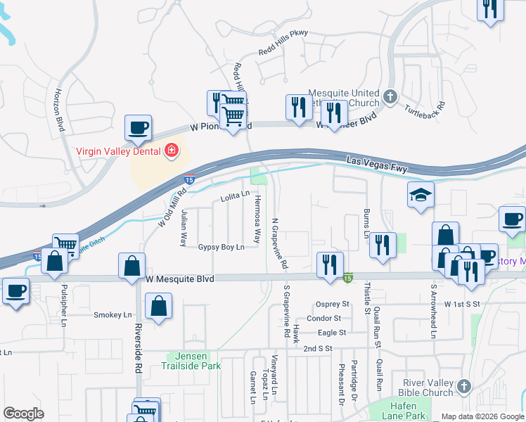 map of restaurants, bars, coffee shops, grocery stores, and more near 260 Hermosa Way in Mesquite