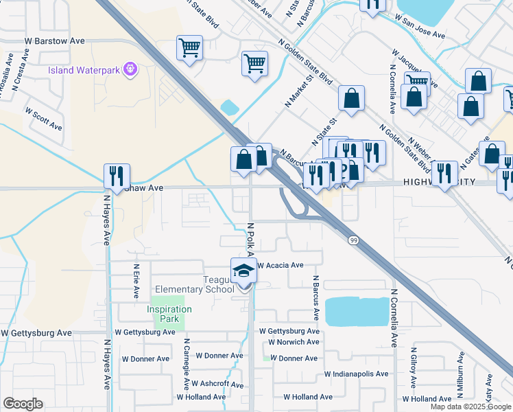 map of restaurants, bars, coffee shops, grocery stores, and more near 4942 North Polk Avenue in Fresno