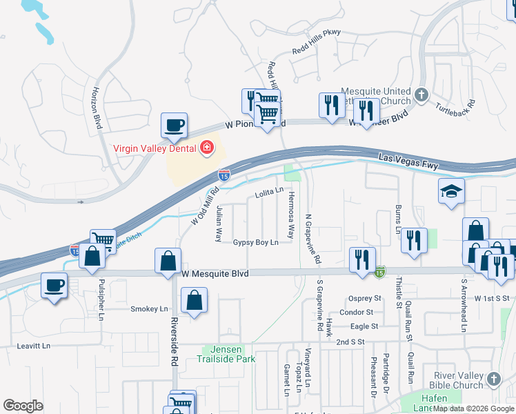 map of restaurants, bars, coffee shops, grocery stores, and more near 257 Hiawatha Way in Mesquite