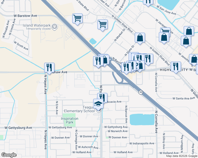 map of restaurants, bars, coffee shops, grocery stores, and more near 5540 West Fairmont Avenue in Fresno