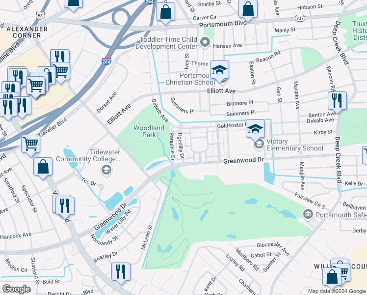 map of restaurants, bars, coffee shops, grocery stores, and more near 230 Tigerlilly Drive in Portsmouth