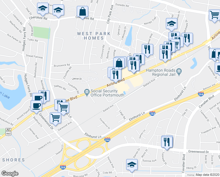 map of restaurants, bars, coffee shops, grocery stores, and more near 1903 Laigh Rd in Portsmouth