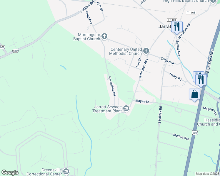 map of restaurants, bars, coffee shops, grocery stores, and more near 371 Horseshoe Road in Jarratt