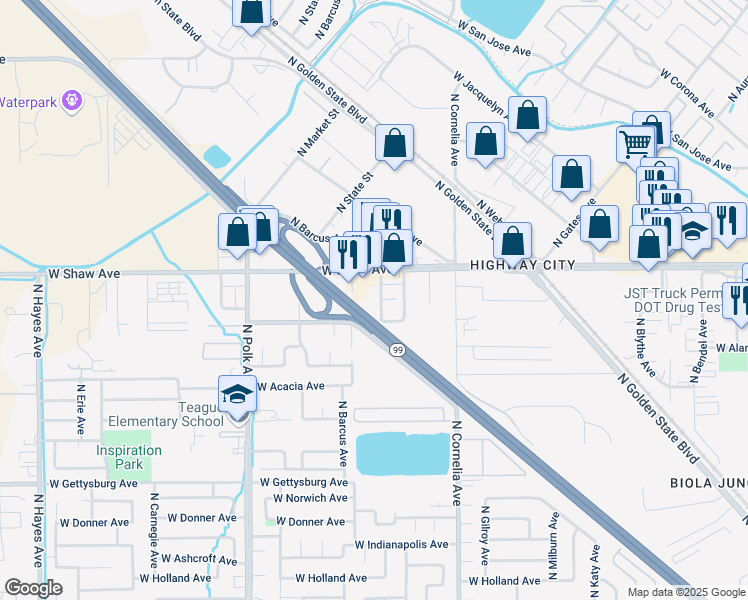 map of restaurants, bars, coffee shops, grocery stores, and more near 4939 North Dale Avenue in Fresno