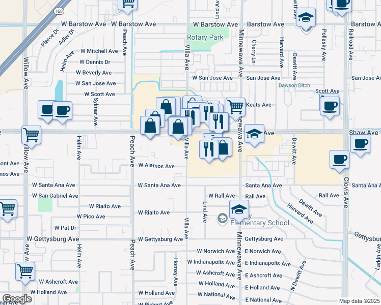 map of restaurants, bars, coffee shops, grocery stores, and more near 2171 Villa Avenue in Clovis