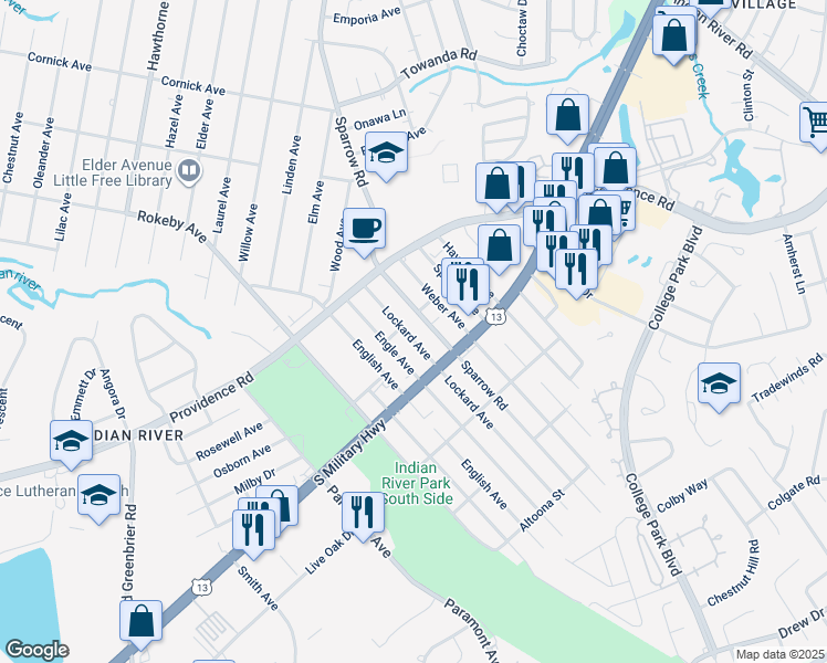 map of restaurants, bars, coffee shops, grocery stores, and more near 1808 Lockard Avenue in Chesapeake