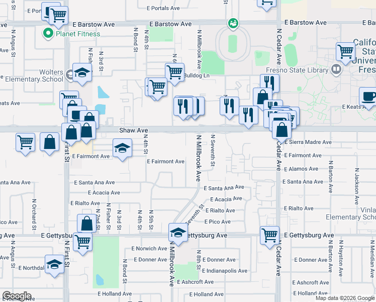 map of restaurants, bars, coffee shops, grocery stores, and more near 4919 North Millbrook Avenue in Fresno
