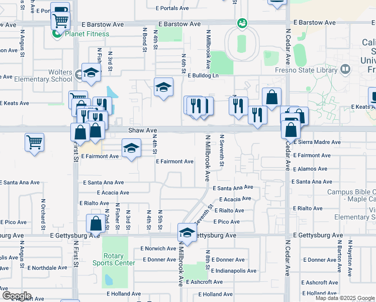 map of restaurants, bars, coffee shops, grocery stores, and more near 4949 North Gearhart Avenue in Fresno