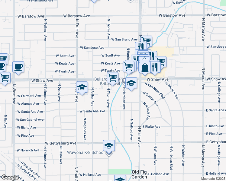 map of restaurants, bars, coffee shops, grocery stores, and more near 4930 North Thorne Avenue in Fresno