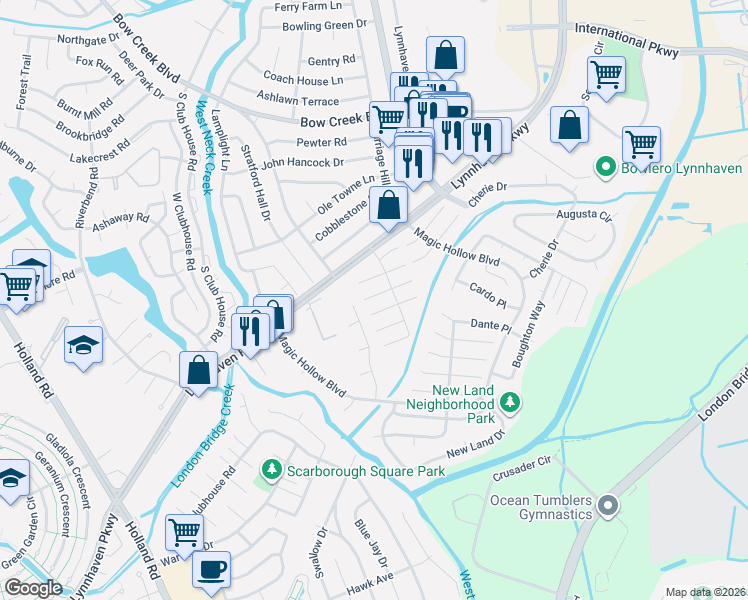 map of restaurants, bars, coffee shops, grocery stores, and more near 1044 Salisbury Drive in Virginia Beach