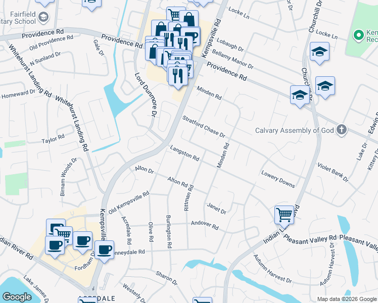 map of restaurants, bars, coffee shops, grocery stores, and more near 5201 Langston Road in Virginia Beach