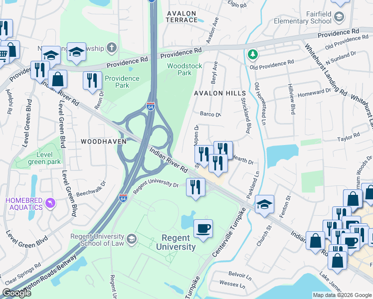 map of restaurants, bars, coffee shops, grocery stores, and more near 1045 Josephine Crescent in Virginia Beach