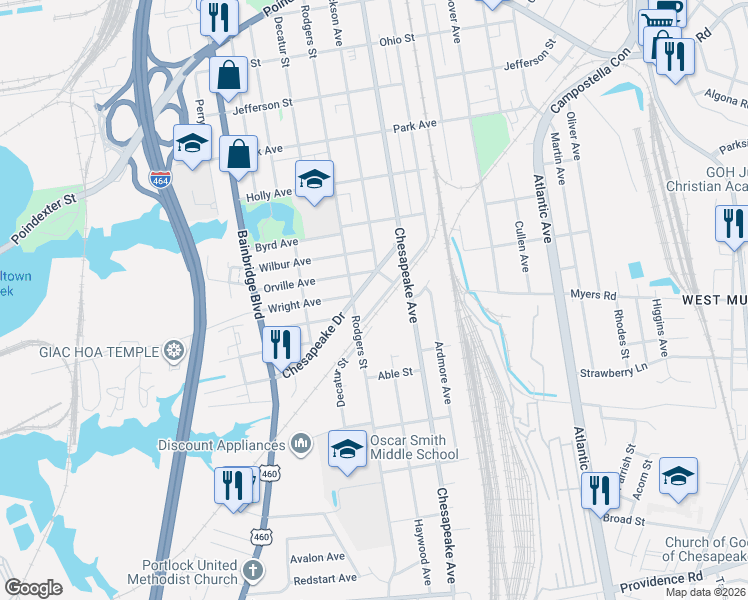 map of restaurants, bars, coffee shops, grocery stores, and more near 1712 Seaboard Avenue in Chesapeake