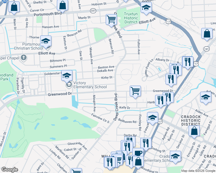 map of restaurants, bars, coffee shops, grocery stores, and more near 21 Appomattox Avenue in Portsmouth