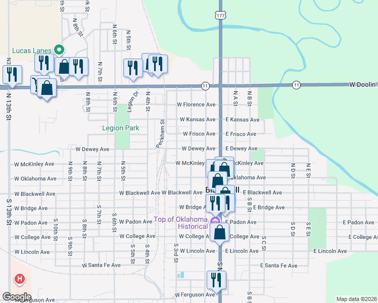 map of restaurants, bars, coffee shops, grocery stores, and more near 321 North 2nd Street in Blackwell