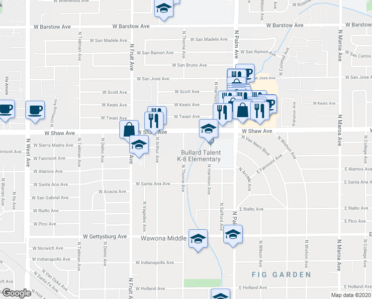 map of restaurants, bars, coffee shops, grocery stores, and more near 4930 North Thorne Avenue in Fresno
