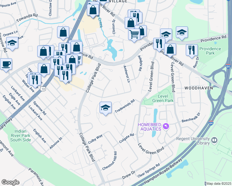 map of restaurants, bars, coffee shops, grocery stores, and more near 1013 Bates Way in Virginia Beach